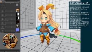 ユニティちゃんシェーダー
SDユニティちゃんモデルに付
属する「ユニティちゃんシェー
ダー」
PBR環境下でも、手描きのディ
フューズマップのカラーを素直
に表示する。
スポットライトやシステムGIな
どの影響は受けない。
手で高品質のマップを描くこと
ができれば、PBR環境でもキャ
ラクター用シェーダーとして、
十分に活用できる。
 