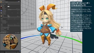 スタンダードシェーダー
（フルセットアップ）
PBR向けにすべてのマップを
作成してセッティングしてみた
例。
PBRの定義に則って、アルベド、
メタリック、スムーズネス、ノー
マル、オクルージョンの各マッ
プを割り当てた他、エミッション
マップも追加で割り当ててみた。
ディズニーやピクザーなどの
CGアニメ風のルックになる。
よくできたフィギュアやビスクド
ールのような質感。
 