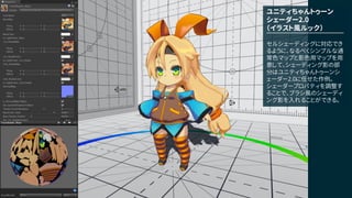 ユニティちゃんトゥーン
シェーダー2.0
（イラスト風ルック）
セルシェーディングに対応でき
るように、なるべくシンプルな通
常色マップと影色用マップを用
意して、シェーディング影の部
分はユニティちゃんトゥーンシ
ェーダー2.0に任せた作例。
シェーダープロパティを調整す
ることで、ブラシ風のシェーディ
ング影を入れることができる。
 