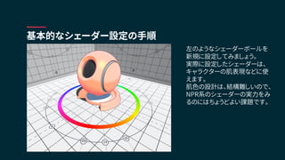 基本的なシェーダー設定の手順
左のようなシェーダーボールを
新規に設定してみましょう。
実際に設定したシェーダーは、
キャラクターの肌表現などに使
えます。
肌色の設計は、結構難しいので、
NPR系のシェーダーの実力をみ
るのにはちょうどよい課題です。
 
