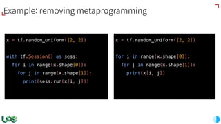 Example: removing metaprogramming
x = tf.random_uniform([2, 2])
with tf.Session() as sess:
for i in range(x.shape[0]):
for j in range(x.shape[1]):
print(sess.run(x[i, j]))
x = tf.random_uniform([2, 2])
for i in range(x.shape[0]):
for j in range(x.shape[1]):
print(x[i, j])
 