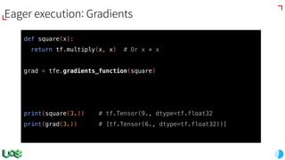 def square(x):
return tf.multiply(x, x) # Or x * x
grad = tfe.gradients_function(square)
print(square(3.)) # tf.Tensor(9., dtype=tf.float32
print(grad(3.)) # [tf.Tensor(6., dtype=tf.float32))]
Eager execution: Gradients
 