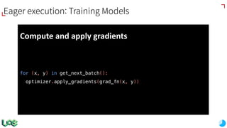 Compute	and	apply	gradients
for (x, y) in get_next_batch():
optimizer.apply_gradients(grad_fn(x, y))
Eager execution: Training Models
 