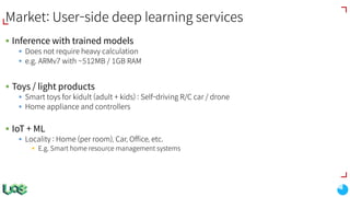 Market: User-side deep learning services
§ Inference with trained models
§ Does not require heavy calculation
§ e.g. ARMv7 with ~512MB / 1GB RAM
§ Toys / light products
§ Smart toys for kidult (adult + kids) : Self-driving R/C car / drone
§ Home appliance and controllers
§ IoT + ML
§ Locality : Home (per room), Car, Office, etc.
§ E.g. Smart home resource management systems
 