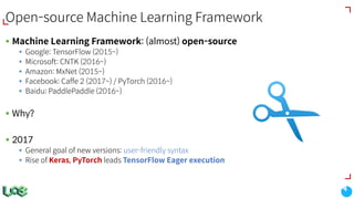 Open-source Machine Learning Framework
§ Machine Learning Framework: (almost) open-source
§ Google: TensorFlow (2015~)
§ Microsoft: CNTK (2016~)
§ Amazon: MxNet (2015~)
§ Facebook: Caffe 2 (2017~) / PyTorch (2016~)
§ Baidu: PaddlePaddle (2016~)
§ Why?
§ 2017
§ General goal of new versions: user-friendly syntax
§ Rise of Keras, PyTorch leads TensorFlow Eager execution
 