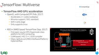 TensorFlow: Multiverse
§ TensorFlow AMD GPU acceleration
§ OpenCL with ComputeCPP (Feb. 2017)
§ Accelerates c++ codes (codeplay)
§ Khronos support / SYCL standard
§ Still in early stage
§ Only supports Linux
§ ROCm (AMD) based TensorFlow (Sep. 2017)
§ First open-source HPC/Hyperscale-class
platform for GPU computing
§ LLVM based / HCC C++ / GCN compiler
§ https://github.com/ROCmSoftwarePlatform/
hiptensorflow
 