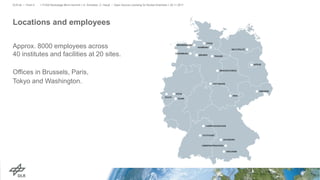 Locations and employees
Approx. 8000 employees across
40 institutes and facilities at 20 sites.
Offices in Brussels, Paris,
Tokyo and Washington.
> FOSS Backstage Micro-Summit > A. Schreiber, C. Haupt • Open Source Licensing for Rocket Scientists > 20.11.2017DLR.de • Chart 4
 