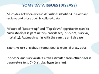 SOME DATA ISSUES (DISEASE)
Mismatch between disease definitions identified in evidence
reviews and those used in collated ...