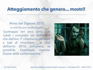 Anno del Signore 2015
e-mail da uno studio legale:
“purtroppo ieri sera sono stati
rubati i computer sia dell’avv. X
che dell’avv. Y: chiediamo pertanto
a tutti di rimandare le mail
dell’anno 2015, compresa, se
possibile, l’eventuale risposta.
Grazie della collaborazione.”
Impatti del digitale nel rapporto cliente / avvocato – 21 Novembre 2017 - slide 10 di 25Avv. Pietro Calorio
Atteggiamento che genera... mostri!
 