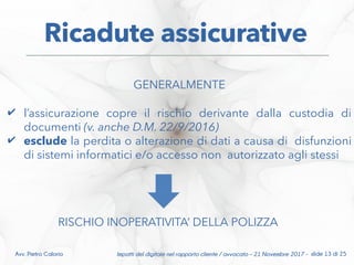 GENERALMENTE
✔ l’assicurazione copre il rischio derivante dalla custodia di
documenti (v. anche D.M. 22/9/2016)
✔ esclude la perdita o alterazione di dati a causa di disfunzioni
di sistemi informatici e/o accesso non autorizzato agli stessi
RISCHIO INOPERATIVITA’ DELLA POLIZZA
Impatti del digitale nel rapporto cliente / avvocato – 21 Novembre 2017 - slide 13 di 25Avv. Pietro Calorio
Ricadute assicurative
 