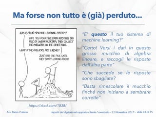 https://xkcd.com/1838/
Ma forse non tutto è (già) perduto...
Impatti del digitale nel rapporto cliente / avvocato – 21 Novembre 2017 - slide 23 di 25Avv. Pietro Calorio
“E’ questo il tuo sistema di
machine learning?”
“Certo! Versi i dati in questo
grosso mucchio di algebra
lineare, e raccogli le risposte
dall’altra parte”
“Che succede se le risposte
sono sbagliate?
“Basta rimescolare il mucchio
fnché non iniziano a sembrare
corrette”
 