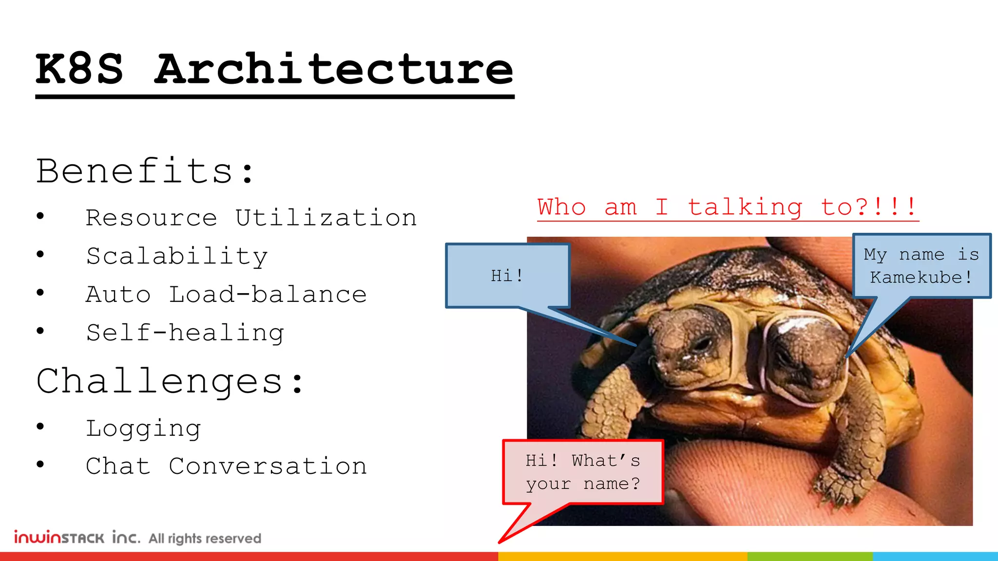 K8S Architecture
Benefits:
• Resource Utilization
• Scalability
• Auto Load-balance
• Self-healing
Challenges:
• Logging
• Chat Conversation
Who am I talking to?!!!
Hi!
My name is
Kamekube!
Hi! What’s
your name?
 