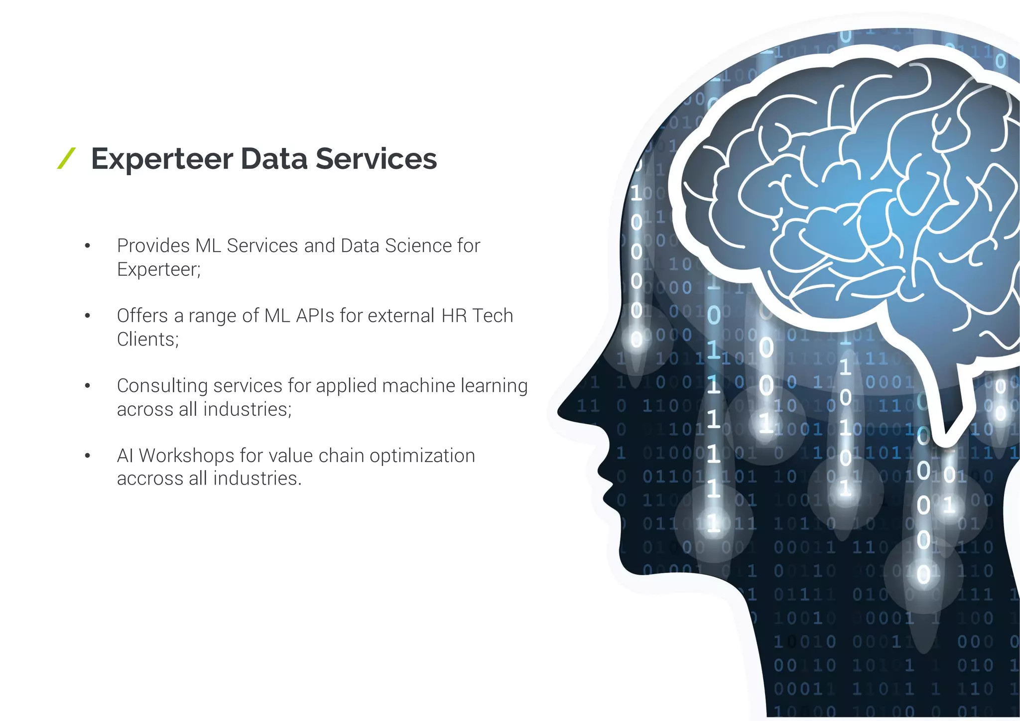 / Experteer Data Services
• Provides ML Services and Data Science for
Experteer;
• Offers a range of ML APIs for external HR Tech
Clients;
• Consulting services for applied machine learning
across all industries;
• AI Workshops for value chain optimization
accross all industries.
 