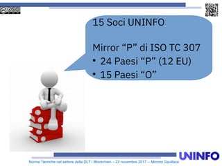Norme Tecniche nel settore della DLT / Blockchain – 22 novembre 2017 – Mimmo Squillace
15 Soci UNINFO
Mirror “P” di ISO TC 307

24 Paesi “P” (12 EU)

15 Paesi “O”
 