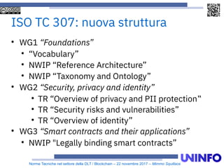 Norme Tecniche nel settore della DLT / Blockchain – 22 novembre 2017 – Mimmo Squillace
ISO TC 307: nuova struttura

WG1 “Foundations”

“Vocabulary”

NWIP “Reference Architecture”

NWIP “Taxonomy and Ontology”

WG2 “Security, privacy and identity”

TR “Overview of privacy and PII protection‟

TR “Security risks and vulnerabilities”

TR “Overview of identity”

WG3 “Smart contracts and their applications”

NWIP "Legally binding smart contracts”
 