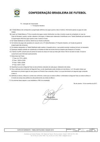 TV - Indicação de Transmissão
1 - TV Esporte Interativo
2)
3)
4)
3) Os horários dos jogos são ajustados em conjunto com a TV Globo/Nordeste e TV Esporte Interativo, em função da grade de
programação das emissoras.
4)
5) Quaisquer estádios poderão ser substituídos na hipótese de falta dos laudos técnicos exigidos pelo Estatudo do Torcedor.
6) O Santa Cruz/PE cumprirá pena de perda de mando de campo em local que diste pelo menos 100 km da sede do clube. O local do
cumprimento será informado oportunamente.
7) Datas-base das Fases:
8)
9)
10)
O mando de campo das partidas de volta pertencendo aos clubes do Bloco I.
11) As próximas fases seguem o que estabelece o REC da competição.
EMISSAO DATA PÁG
11/10/2017
Na Tabela Detalhada os horários referem-se ao Horário de Brasília.
Os estádios designados na Tabela Detalhada estão sujeitos à inspeção prévia, o que poderá acarretar mudança de local, se necessário.
1ª Fase: de 17/01 a 28/03
2ª Fase: 02/05 e 23/05
3ª Fase: 19/06 e 26/06
4ª Fase: 03/07 e 10/07
CONFEDERAÇÃO BRASILEIRA DE FUTEBOL
A Tabela Básica não corresponde a programação definitiva dos jogos quanto a dias e horários, informando apenas os jogos de cada
rodada.
A partir da Tabela Básica a TV faz a escolha dos jogos a serem distribuídos nos dias e horários usuais da competição (no caso da
Copa do Nordeste, quartas, quintas, sábados e domingos). A tabela assim elaborada é identificada como Tabela Detalhada que representa
a programação oficial dos jogos quanto a dias, horários e locais.
Avenida Luiz Carlos Prestes, 130 • Barra da Tijuca • Rio de Janeiro • Brasil • CEP 22.775 - 055
Tel: 00 55 (21) 3572 1900 • Fax: 00 55 (21) 3572 1990 • cbf@cbf.com.br
Manoel Flores
Diretor de Competições
COPA DO NORDESTE - TABELA DETALHADA / EDIÇÃO 2018
REV. DATA
14/11/2017 3/3
Classificam-se para a Segunda Fase os dois primeiros colocados de cada grupo, totalizando oito clubes.
Para a definição dos confrontos da Segunda Fase, os oito classificados serão divididos em dois blocos, I e II. Os quatro clubes que
terminaram em primeiro lugar em seus grupos na Primeira Fase comporão o bloco I e os que terminaram em segundo lugar comporão
o bloco II.
Definidos os blocos, efetua-se o sorteio dos confrontos, sendo que os clubes do Bloco I enfrentarão na Segunda Fase os clubes do Bloco II.
Rio de Janeiro, 14 de novembro de 2017.
131313033030330303031
 