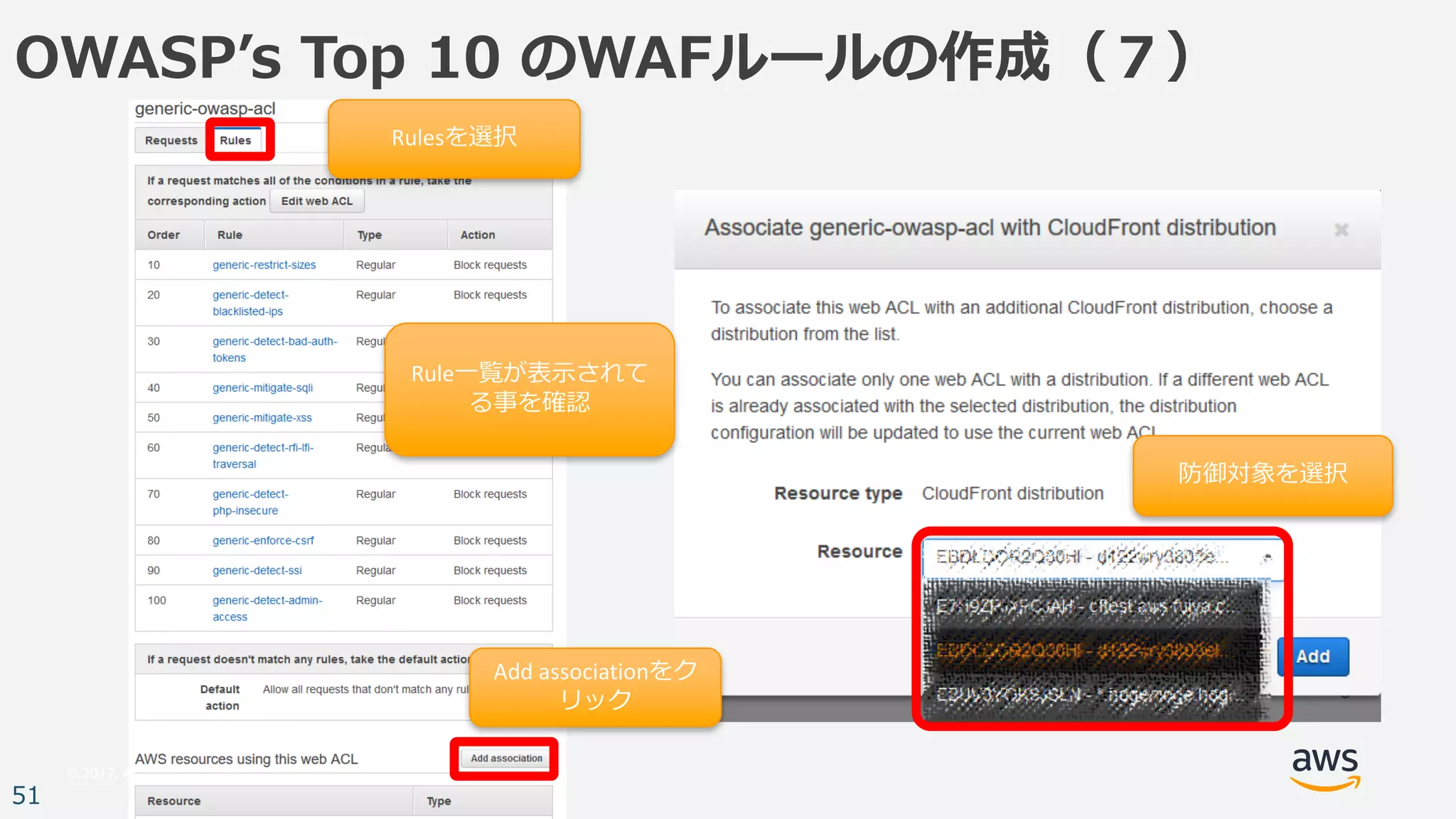 © 2017, Amazon Web Services, Inc. or its Affiliates. All rights reserved.
51
OWASPʼs Top 10 のWAFルールの作成（７）
Rulesを選択
Add	associationをク
リック
Rule⼀覧が表⽰されて
る事を確認
防御対象を選択
 