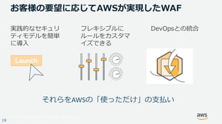 © 2017, Amazon Web Services, Inc. or its Affiliates. All rights reserved.
19
お客様の要望に応じてAWSが実現したWAF
実践的なセキュリ
ティモデルを簡単
に導⼊
フレキシブルに
ルールをカスタマ
イズできる
DevOpsとの統合
それらをAWSの「使っただけ」の⽀払い
 