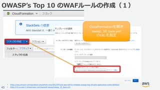 © 2017, Amazon Web Services, Inc. or its Affiliates. All rights reserved.
45
OWASPʼs Top 10 のWAFルールの作成（１）
• https://aws.amazon.com/jp/about-aws/whats-new/2017/07/use-aws-waf-to-mitigate-owasps-top-10-web-application-vulnerabilities/
• https://s3.us-east-2.amazonaws.com/awswaf-owasp/owasp_10_base.yml
CloudFormationを開き
owasp_10_base.yml
のURLを指定
 