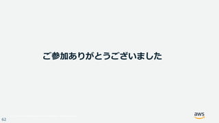 © 2017, Amazon Web Services, Inc. or its Affiliates. All rights reserved.
62
ご参加ありがとうございました
 