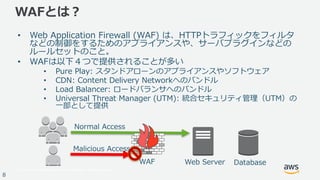 © 2017, Amazon Web Services, Inc. or its Affiliates. All rights reserved.
8
WAFとは？
• Web Application Firewall (WAF) は、HTTP...