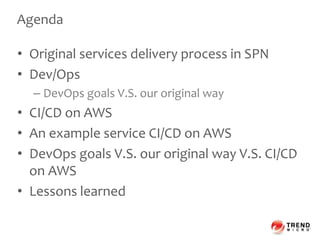 Agenda
• Original services delivery process in SPN
• Dev/Ops
– DevOps goals V.S. our original way
• CI/CD on AWS
• An example service CI/CD on AWS
• DevOps goals V.S. our original way V.S. CI/CD
on AWS
• Lessons learned
 