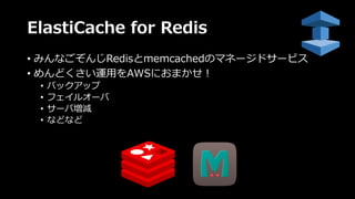 ElastiCache for Redis
• みんなごぞんじRedisとmemcachedのマネージドサービス
• めんどくさい運⽤をAWSにおまかせ！
• バックアップ
• フェイルオーバ
• サーバ増減
• などなど
 
