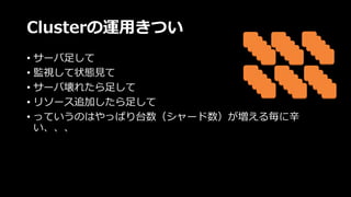Clusterの運⽤きつい
• サーバ⾜して
• 監視して状態⾒て
• サーバ壊れたら⾜して
• リソース追加したら⾜して
• っていうのはやっぱり台数（シャード数）が増える毎に⾟
い、、、
 