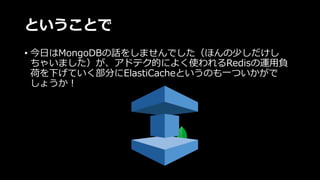ということで
• 今⽇はMongoDBの話をしませんでした（ほんの少しだけし
ちゃいました）が、アドテク的によく使われるRedisの運⽤負
荷を下げていく部分にElastiCacheというのも⼀ついかがで
しょうか！
 