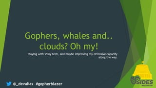 @_devalias #gopherblazer
Gophers, whales and..
clouds? Oh my!
Playing with shiny tech, and maybe improving my offensive capacity
along the way.
 