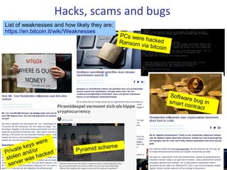 Hacks, scams and bugs
Private keys were
stolen and/or
server was hacked
PCs were hackedRansom via bitcoin
Software bug insmart contract
Pyramid scheme
List of weaknesses and how likely they are:
https://en.bitcoin.it/wiki/Weaknesses
 