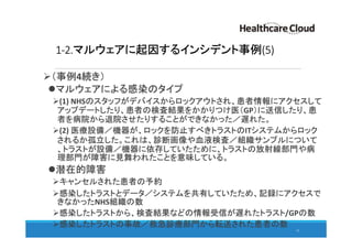 1-2.マルウェアに起因するインシデント事例(5)
（事例4続き）
マルウェアによる感染のタイプ
(1) NHSのスタッフがデバイスからロックアウトされ、患者情報にアクセスして
アップデートしたり、患者の検査結果をかかりつけ医（GP）に送信したり、患
者を病院から退院させたりすることができなかった／遅れた。
(2) 医療設備／機器が、ロックを防止すべきトラストのITシステムからロック
されるか孤立した。これは、診断画像や血液検査／組織サンプルについて
、トラストが設備／機器に依存していたために、トラストの放射線部門や病
理部門が障害に見舞われたことを意味している。
潜在的障害
キャンセルされた患者の予約
感染したトラストとデータ／システムを共有していたため、記録にアクセスで
きなかったNHS組織の数
感染したトラストから、検査結果などの情報受信が遅れたトラスト/GPの数
感染したトラストの事故／救急診療部門から転送された患者の数
13
 