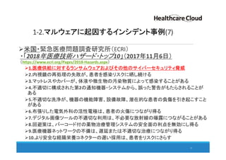 1-2.マルウェアに起因するインシデント事例(7)
米国・緊急医療問題調査研究所（ECRI）
・「2018年医療技術ハザード・トップ10」（2017年11月6日）
（https://www.ecri.org/Pages/2018-Hazards.aspx）
1.医療供給に対するランサムウェアおよびその他のサイバーセキュリティ脅威
2.内視鏡の再処理の失敗が、患者を感染リスクに晒し続ける
3.マットレスやカバーが、体液や微生物の汚染物質によって感染することがある
4.不適切に構成された第2の通知機器・システムから、誤った警告がもたらされることが
ある
5.不適切な洗浄が、機器の機能障害、設備故障、潜在的な患者の負傷を引き起こすこと
がある
6.布張りした電気外科の活性電極は、患者の火傷につながり得る
7.デジタル画像ツールの不適切な利用は、不必要な放射線の曝露につながることがある
8.回避策は、バーコード付の薬物治療管理システムの安全面の利点を無効にし得る
9.医療機器ネットワークの不備は、遅延または不適切な治療につながり得る
10.より安全な経腸栄養コネクターの遅い採用は、患者をリスクにさらす
15
 