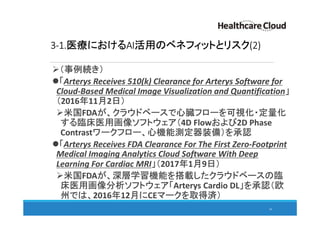 3-1.医療におけるAI活用のベネフィットとリスク(2)
（事例続き）
「Arterys Receives 510(k) Clearance for Arterys Software for
Cloud-Based Medical Image Visualization and Quantification」
（2016年11月2日）
米国FDAが、クラウドベースで心臓フローを可視化・定量化
する臨床医用画像ソフトウェア（4D Flowおよび2D Phase
Contrastワークフロー、心機能測定器装備）を承認
「Arterys Receives FDA Clearance For The First Zero-Footprint
Medical Imaging Analytics Cloud Software With Deep
Learning For Cardiac MRI」（2017年1月9日）
米国FDAが、深層学習機能を搭載したクラウドベースの臨
床医用画像分析ソフトウェア「Arterys Cardio DL」を承認（欧
州では、2016年12月にCEマークを取得済）
34
 