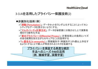 3-3.AIを活用したプライバシー保護技術(2)
非識別化技術（例）
「摂動（Perturbation）」：データセットをランダム化することによってセン
シティブなデータを見えないようにする、
「マルチパーティ計算方式」：データを秘密裏に分散させた上で演算処
理を行う暗号化手法
「差分プライバシー（Differential Privacy）」：計算処理上の負荷とノイズ
のある結果を加えながらセキュアなことを証明する
「k-匿名化（k-anonymity）」：間接識別子（準識別子）がk個以上存在す
るようにすることで個人が特定されるリスクを低減する
41
プライバシーを保証する高度な統計
手法へのニーズ AIの活用
（例．機械学習、深層学習）
 
