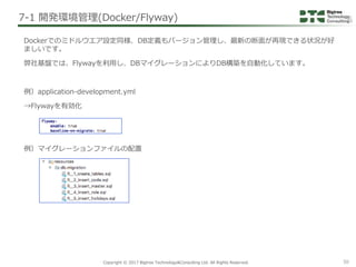 Copyright © 2017 Bigtree Technology&Consulting Ltd. All Rights Reserved. 50
Dockerでのミドルウエア設定同様、DB定義もバージョン管理し、最新の断面が再現できる状況...