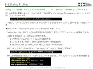 Copyright © 2017 Bigtree Technology&Consulting Ltd. All Rights Reserved. 54
8-1 Spring Profiles
Springでは、起動時に有効なプロファイルを指定し...