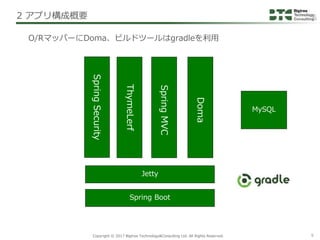 Copyright © 2017 Bigtree Technology&Consulting Ltd. All Rights Reserved. 9
O/RマッパーにDoma、ビルドツールはgradleを利用
2 アプリ構成概要
Spring ...