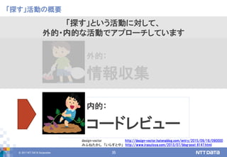 © 2017 NTT DATA Corporation 35
「探す」活動の概要
「探す」という活動に対して、
外的・内的な活動でアプローチしています
外的：
情報収集
内的：
コードレビュー
design-vector http://design-vector.hatenablog.com/entry/2015/09/16/090000
みふねたかし 「いらすとや」 http://www.irasutoya.com/2013/07/blog-post_8147.html
 