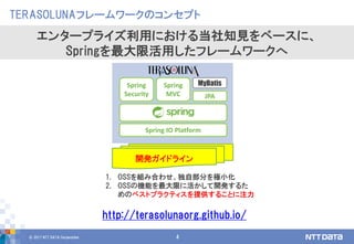 © 2017 NTT DATA Corporation 4
TERASOLUNAフレームワークのコンセプト
エンタープライズ利用における当社知見をベースに、
Springを最大限活用したフレームワークへ
Spring IO Platform
Spring
Security
Spring
MVC JPA
MyBatis
1. OSSを組み合わせ、独自部分を極小化
2. OSSの機能を最大限に活かして開発するた
めのベストプラクティスを提供することに注力
開発ガイドライン
http://terasolunaorg.github.io/
 