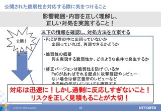 © 2017 NTT DATA Corporation 62
・PoCが世の中に出回っていないか
出回っていれば、再現できるかどうか
・脆弱性の概要
何を実現する脆弱性か、どのような条件で発生するか
・修正バージョンは脆弱性を防げているか
PoCがあればそれを起点に攻撃確認やレビュー
ない場合は修正箇所のレビューなど
その他のデグレについても確認する
・影響プロダクト・バージョンはどこまでか
公式アナウンスを鵜呑みにしない！
公開された脆弱性を対応する際に気をつけること
影響範囲・内容を正しく理解し、
正しい対処を実施すること！
公開！
以下の情報を確認し、対処方法を立案する
対応は迅速に！しかし過剰に反応しすぎないこと！
リスクを正しく見積もることが大切！
 
