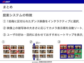 まとめ
① 1拍毎に区切られたダンス映像をインタラクティブに選択．
② 映像上の被写体の大きさに応じてカメラ表示順を自動ソート．
③ ユーザの好み・目的に合わせておすすめヒートマップを表示．
提案システムの特徴
① ② ③
近い
遠い
 