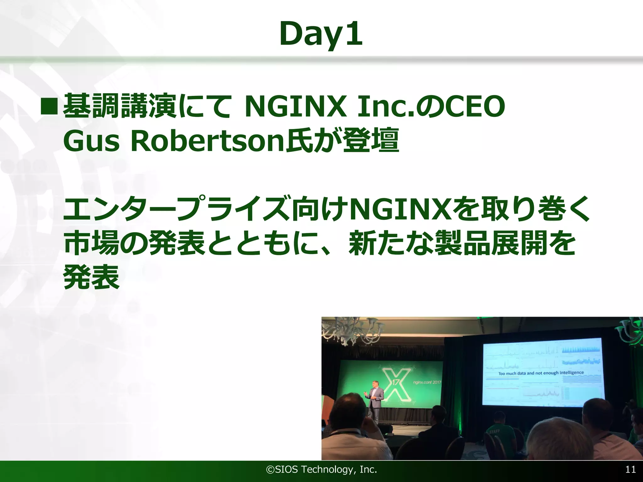 Day1
n基調講演にて NGINX Inc.のCEO
Gus Robertson⽒が登壇
エンタープライズ向けNGINXを取り巻く
市場の発表とともに、新たな製品展開を
発表
©SIOS Technology, Inc. 11
 
