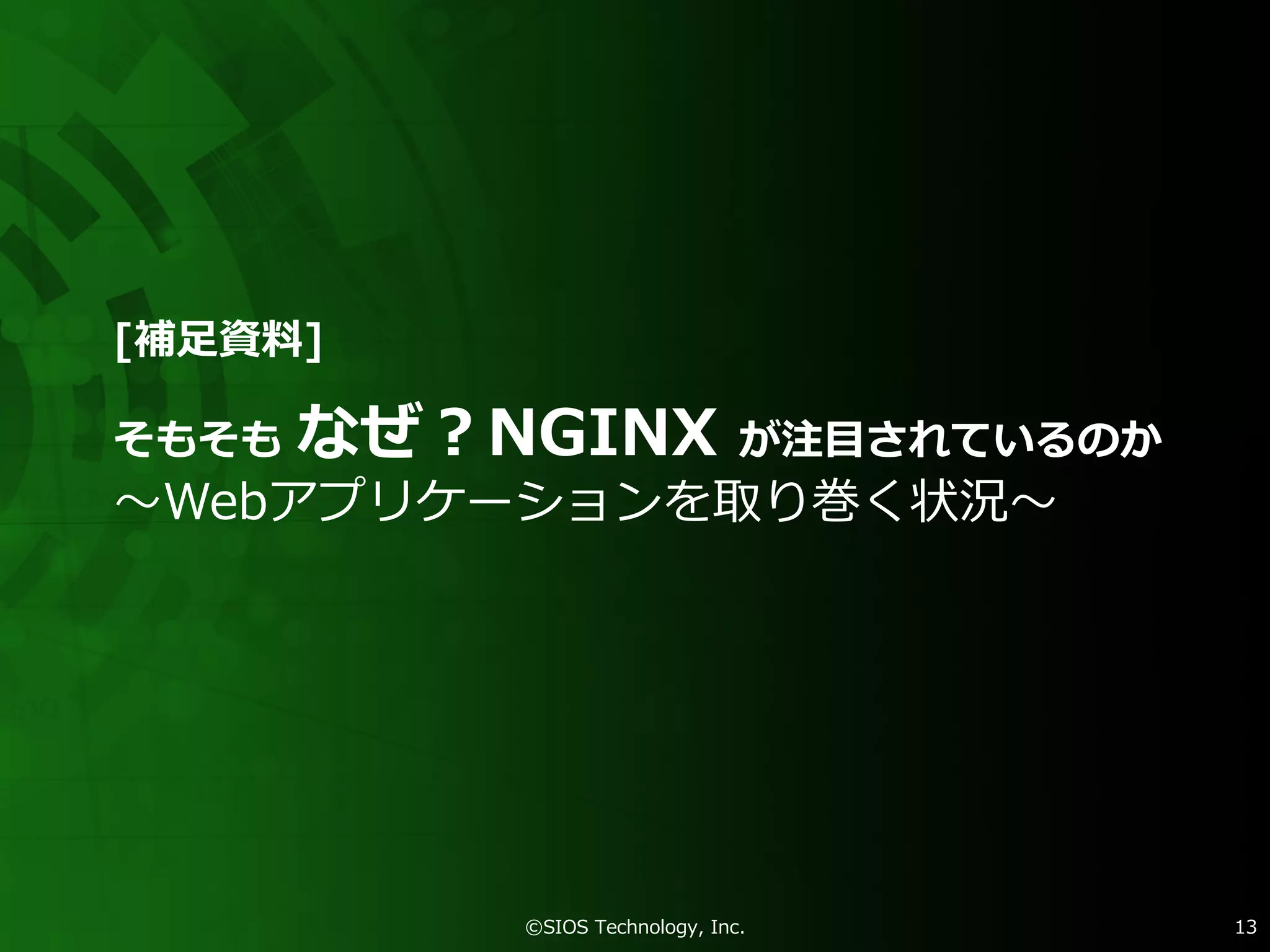 そもそも なぜ？NGINX が注⽬されているのか
〜Webアプリケーションを取り巻く状況〜
[補⾜資料]
©SIOS Technology, Inc. 13
 