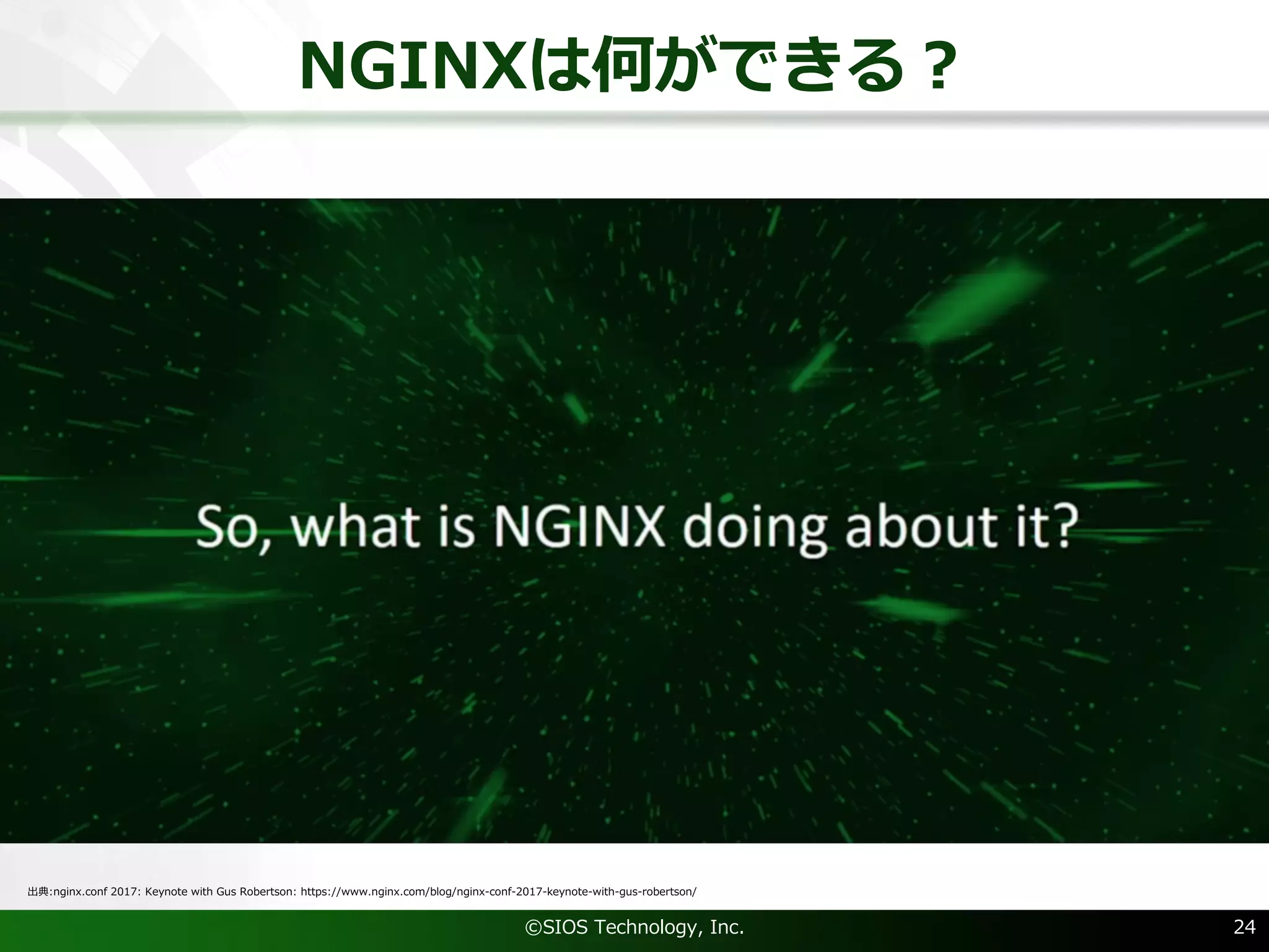 NGINXは何ができる？
©SIOS Technology, Inc. 24
出典:nginx.conf 2017: Keynote with Gus Robertson: https://www.nginx.com/blog/nginx-conf-2017-keynote-with-gus-robertson/
 