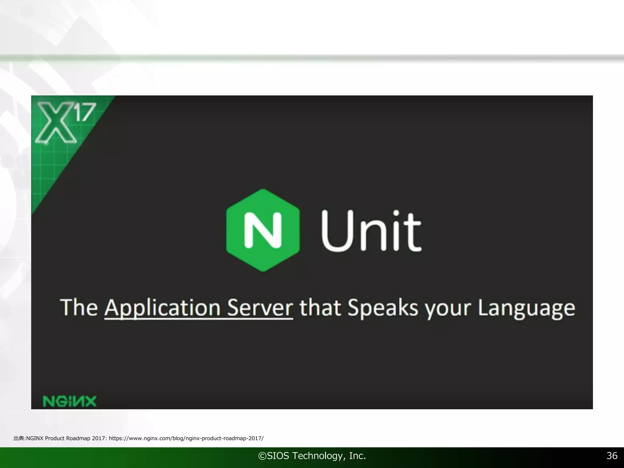 ©SIOS Technology, Inc. 36
出典:NGINX Product Roadmap 2017: https://www.nginx.com/blog/nginx-product-roadmap-2017/
 
