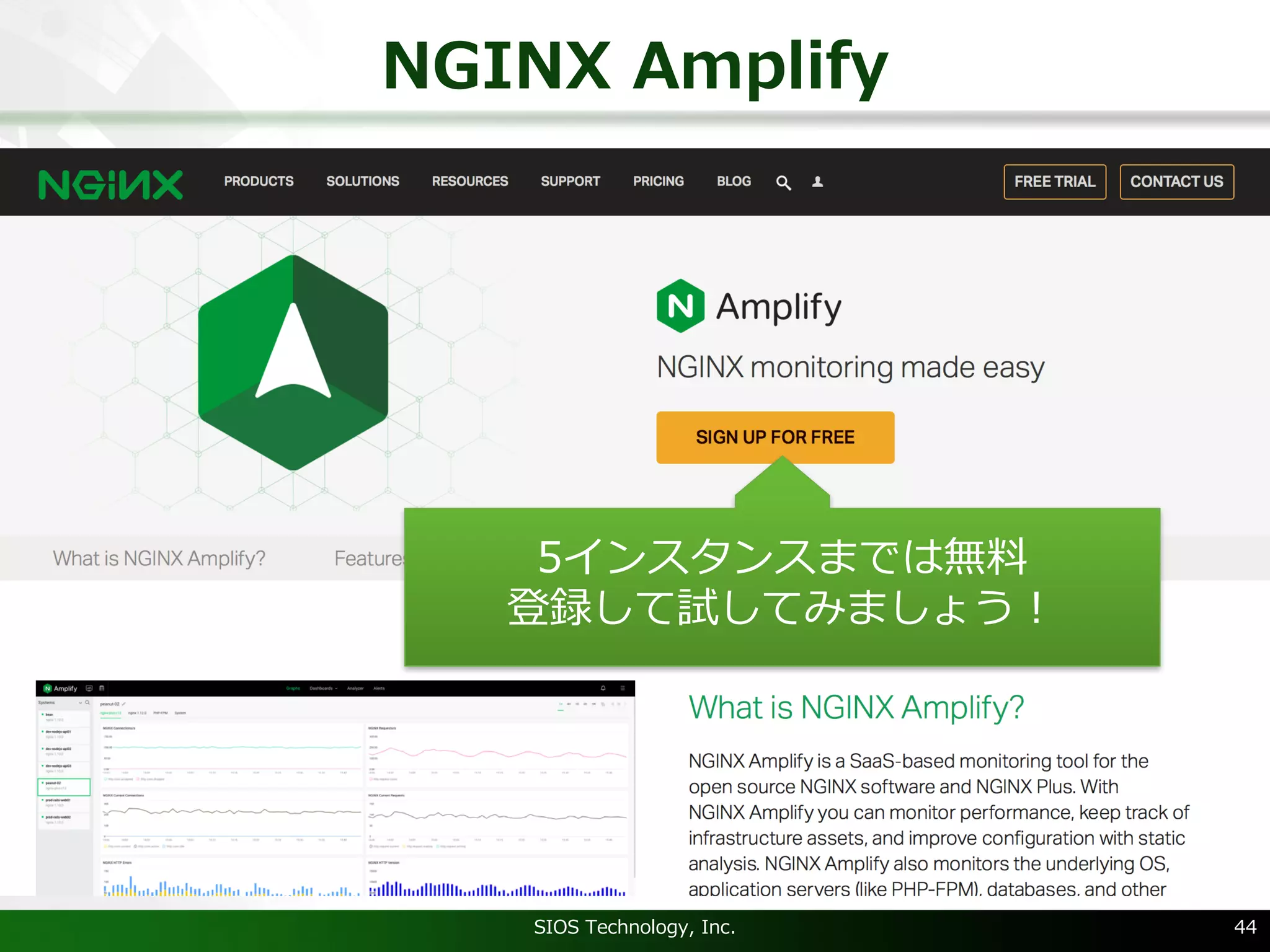 NGINX Amplify
SIOS Technology, Inc. 44
5インスタンスまでは無料
登録して試してみましょう！
 