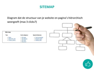 Diagram dat de structuur van je website en pagina’s hiërarchisch
weergeeft (max 3 clicks?)
SITEMAP
 