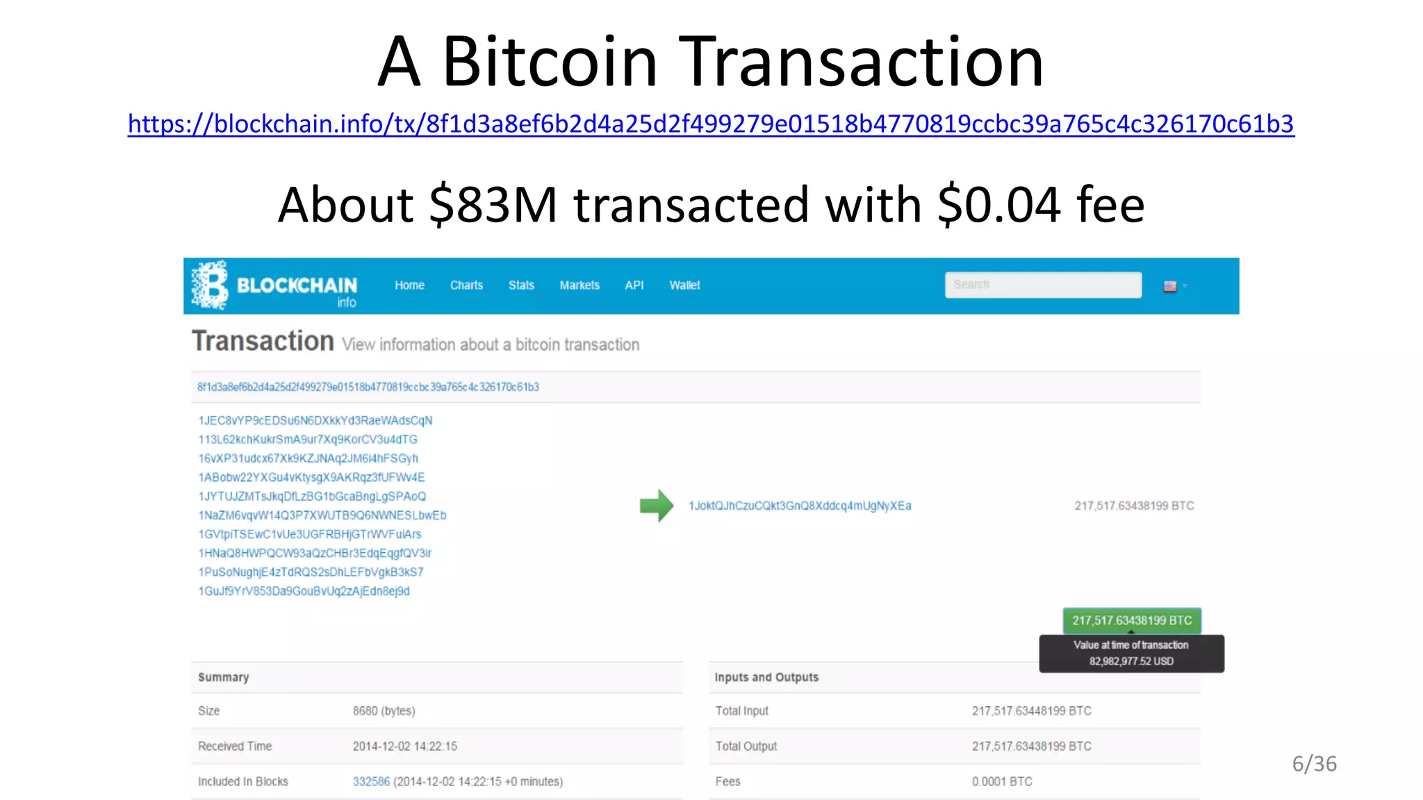 A Bitcoin Transaction
https://blockchain.info/tx/8f1d3a8ef6b2d4a25d2f499279e01518b4770819ccbc39a765c4c326170c61b3
About $83M transacted with $0.04 fee
© Ferdinando Ametrano 2017 6/36
 