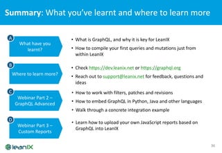 Summary:	
  What	
  you’ve	
  learnt	
  and	
  where	
  to	
  learn	
  more	
  
36
What	
  have	
  you	
  
learnt?
Where	
  to	
  learn	
  more?
Webinar	
  Part	
  2	
  –
GraphQL Advanced
Webinar	
  Part	
  3	
  –
Custom	
  Reports
• What	
  is	
  GraphQL,	
  and	
  why	
  it	
  is	
  key	
  for	
  LeanIX
• How	
  to	
  compile	
  your	
  first	
  queries	
  and	
  mutations	
  just	
  from	
  
within	
  LeanIX
A
B
C
D
• Check	
  https://dev.leanix.net or	
  https://graphql.org
• Reach	
  out	
  to	
  support@leanix.net for	
  feedback,	
  questions	
  and	
  
ideas
• How	
  to	
  work	
  with	
  filters,	
  patches	
  and	
  revisions
• How	
  to	
  embed	
  GraphQL in	
  Python,	
  Java	
  and	
  other	
  languages
• Walk	
  through	
  a	
  concrete	
  integration	
  example
• Learn	
  how	
  to	
  upload	
  your	
  own	
  JavaScript	
  reports	
  based	
  on	
  
GraphQL into	
  LeanIX
 